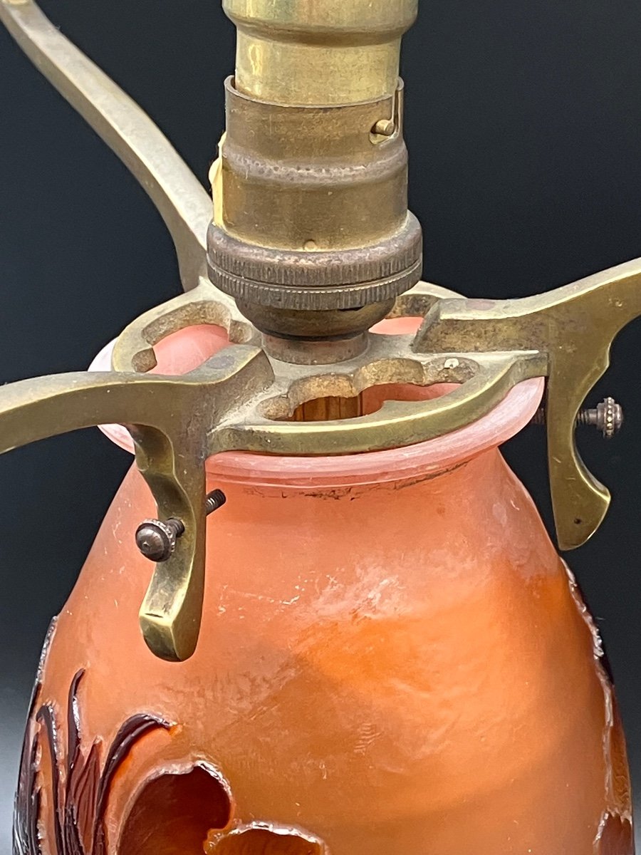 Émile Gallé Lampe Champignon Art Nouveau Vol De Papillons  Et Rosiers En Fleurs -photo-6