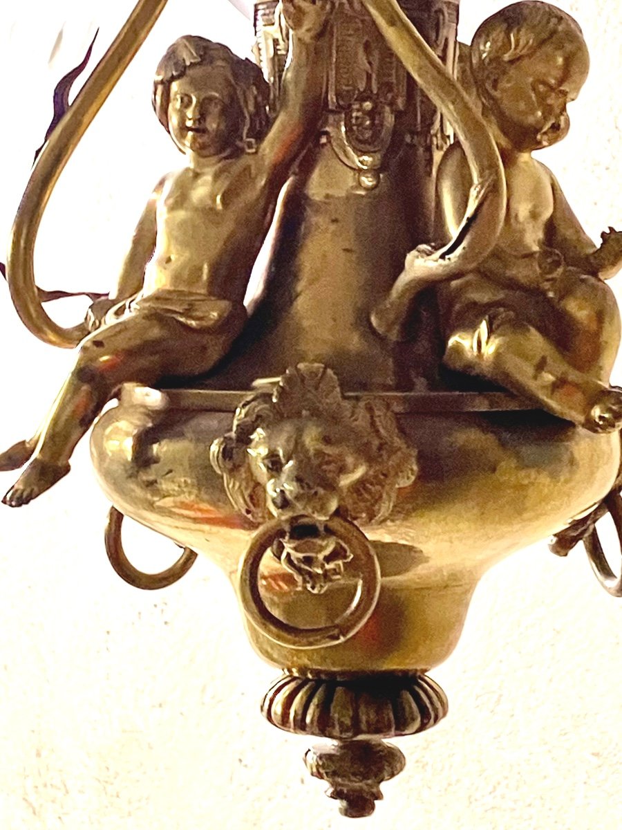 Beautiful Bronze Chandelier With Three Cherubs Napoleon III-photo-8