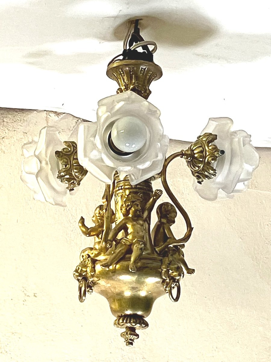 Beautiful Bronze Chandelier With Three Cherubs Napoleon III