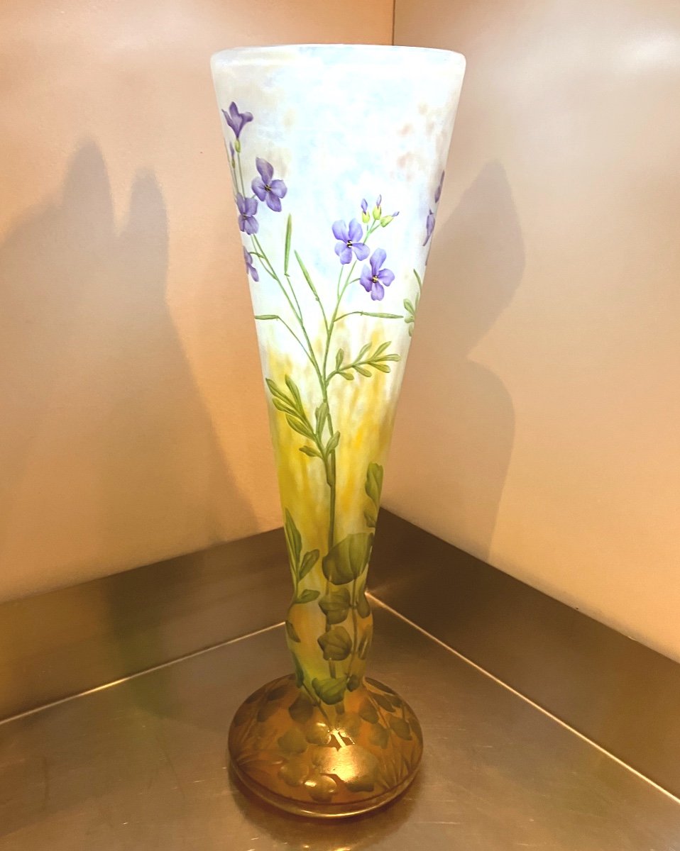 Large Daum Vase 33 Cm Art Nouveau Enamelled Cardamine Des Prés -photo-3