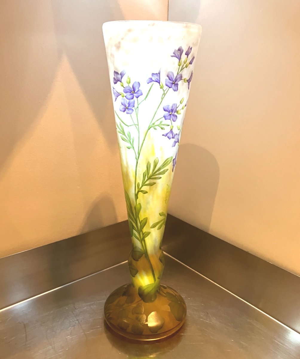 Large Daum Vase 33 Cm Art Nouveau Enamelled Cardamine Des Prés -photo-4