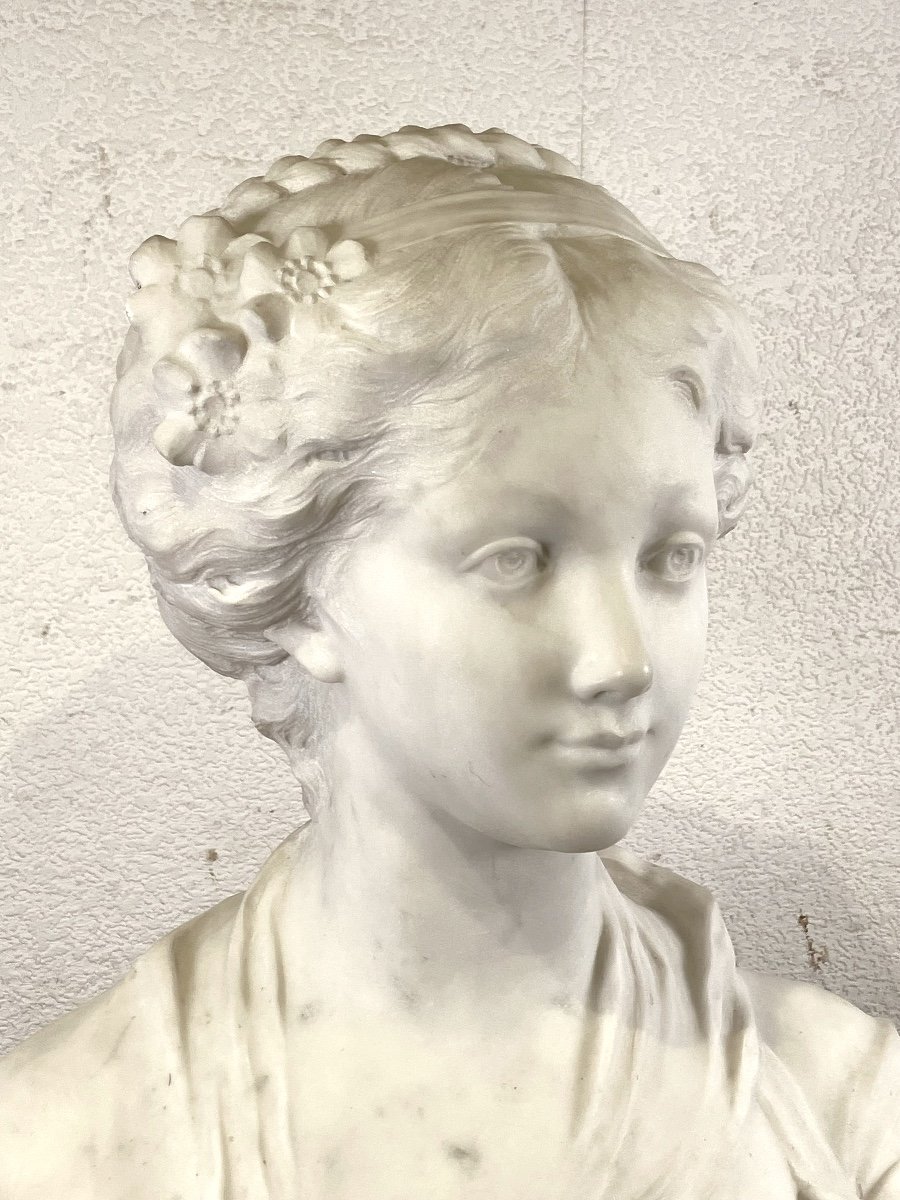 Important White Marble Bust Greuze 74 Cm Young Girl Bust-photo-2