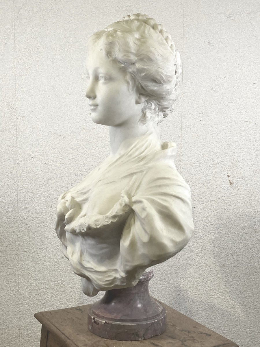 Important White Marble Bust Greuze 74 Cm Young Girl Bust-photo-4