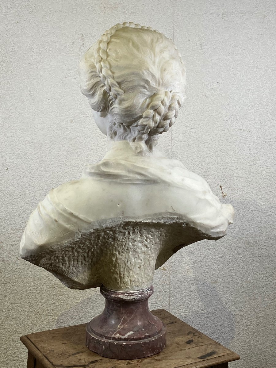 Important White Marble Bust Greuze 74 Cm Young Girl Bust-photo-5