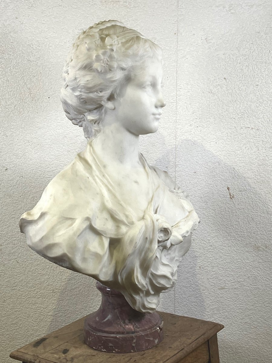 Important White Marble Bust Greuze 74 Cm Young Girl Bust-photo-8