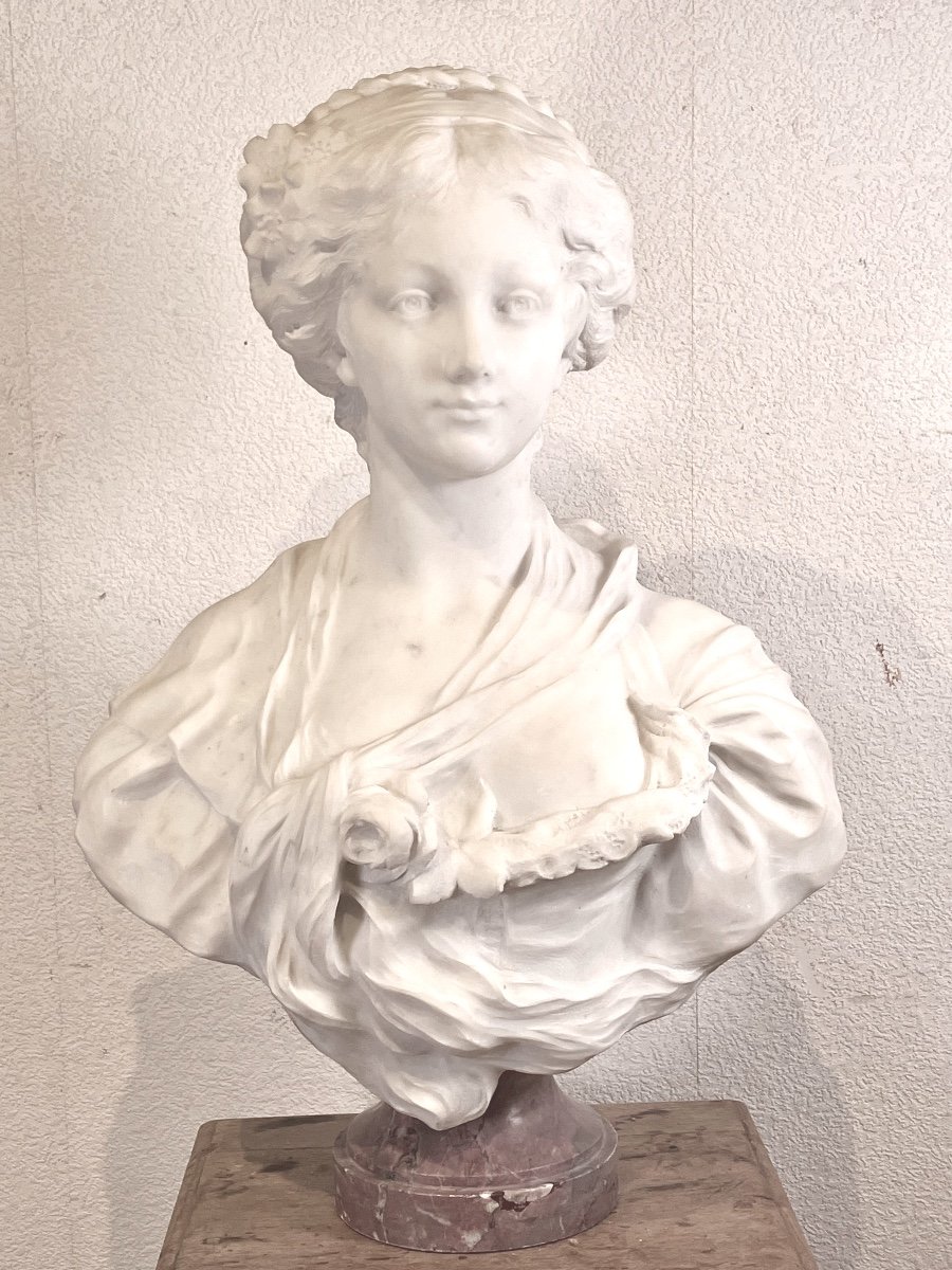 Important White Marble Bust Greuze 74 Cm Young Girl Bust