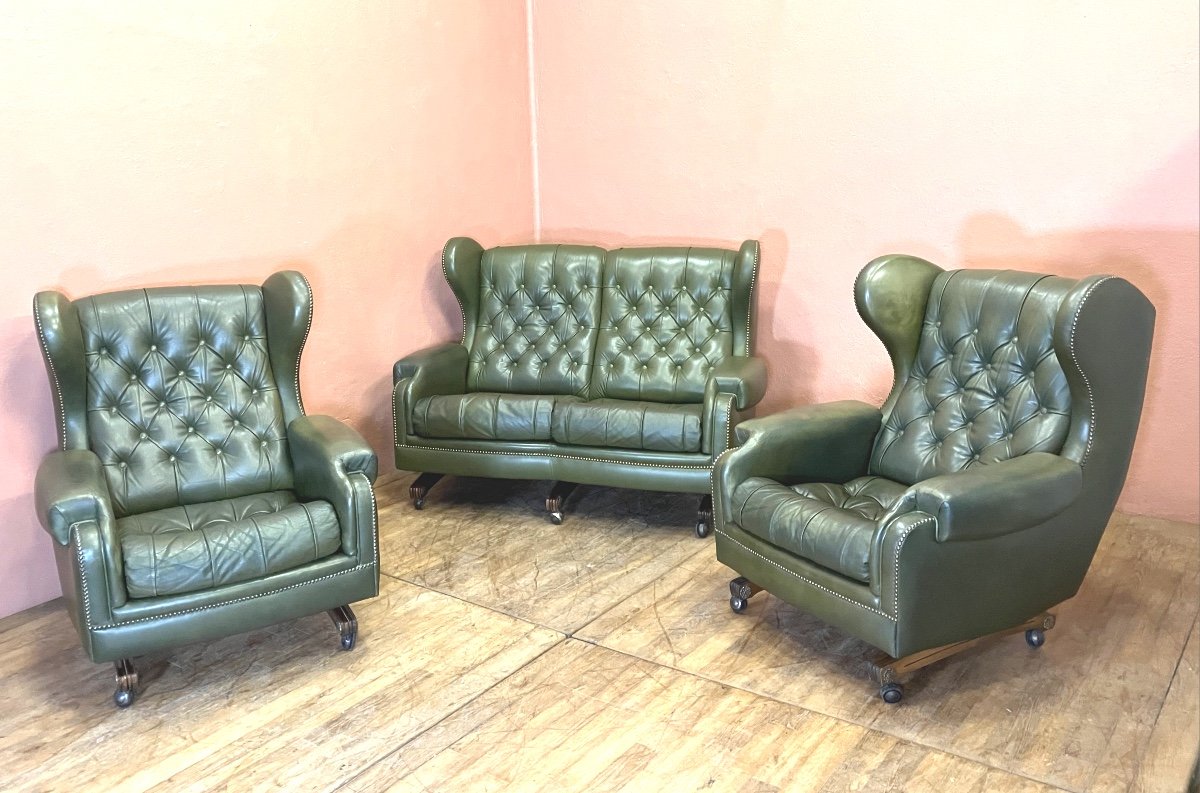 Salon Chesterfield Jean Prévost En Cuir Canapé + 2 Fauteuils Style Anglais Orientable Années 70