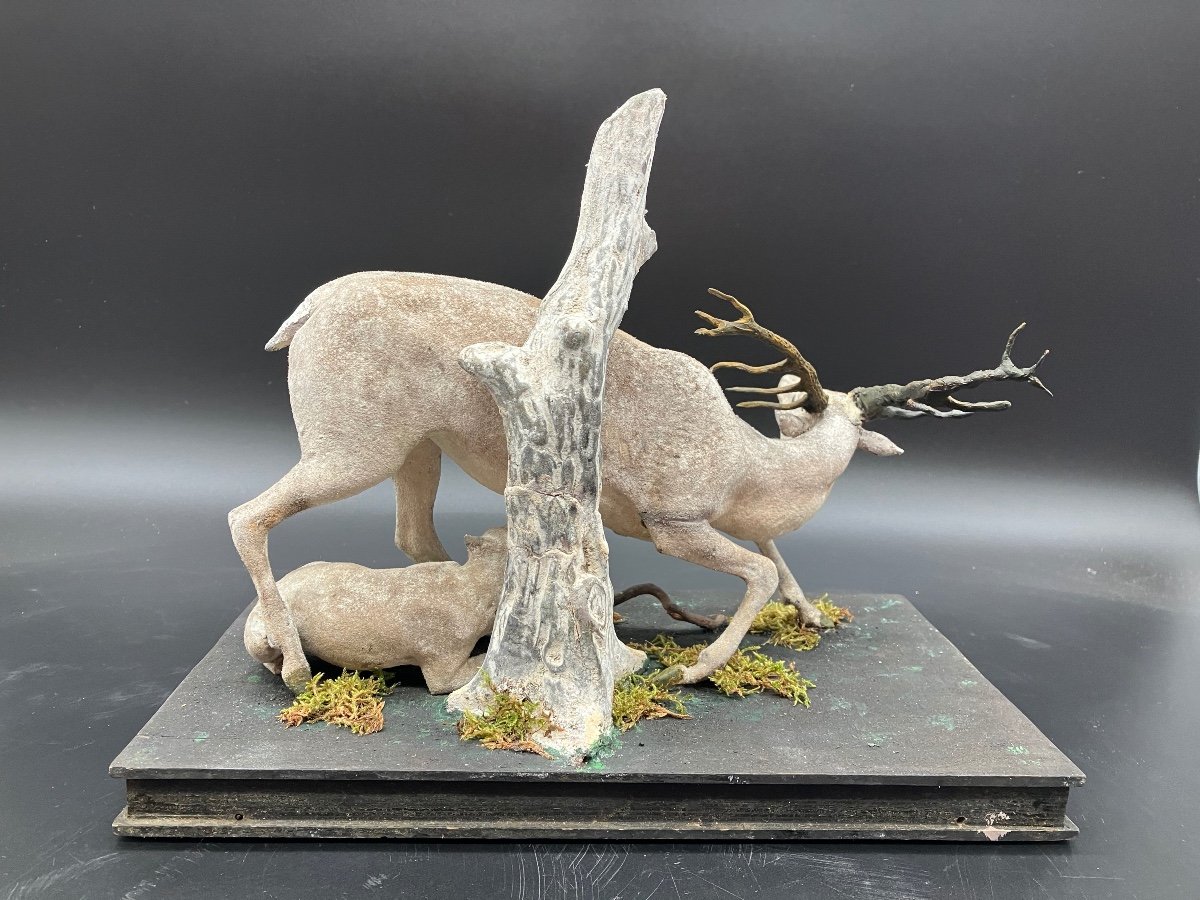 Workshop Model Small Sculpture In Composition On Base With Wheels Deer And Feline -photo-4