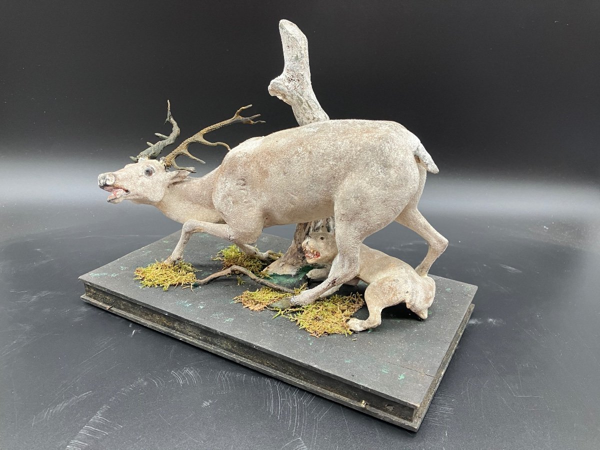 Workshop Model Small Sculpture In Composition On Base With Wheels Deer And Feline -photo-7