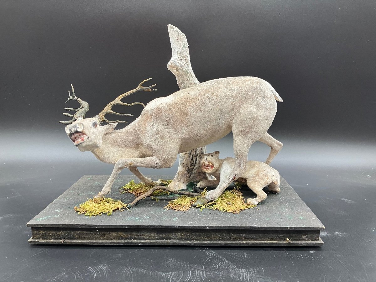 Workshop Model Small Sculpture In Composition On Base With Wheels Deer And Feline 