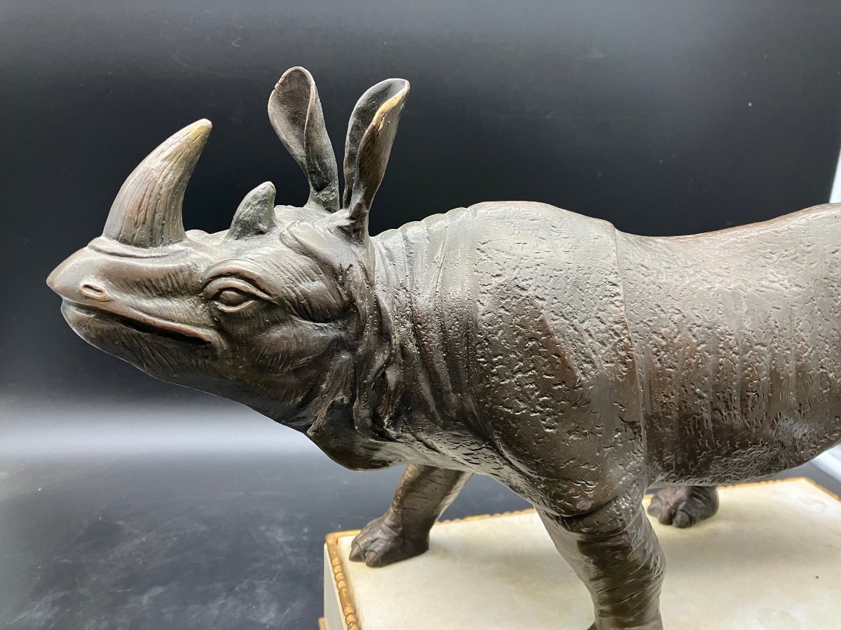 Bronze Rhinoceros On White Marble Base -photo-6