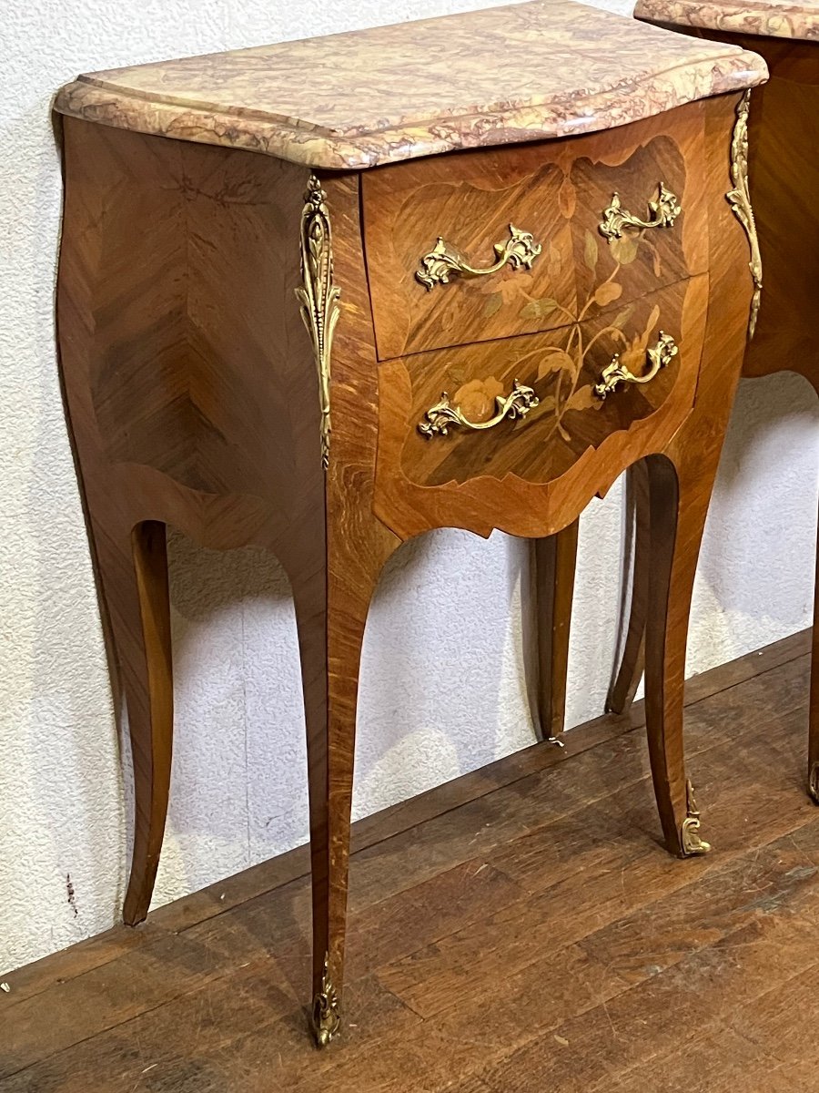 Pair Of Louis XV Marquetry Commodines Marble Tops Large Rosewood Flower Bedside Tables -photo-2