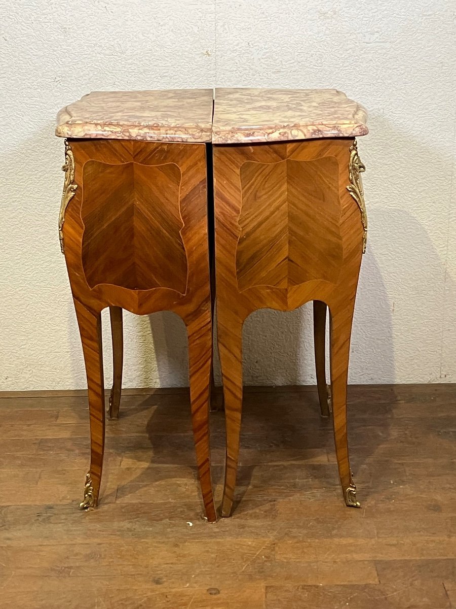 Pair Of Louis XV Marquetry Commodines Marble Tops Large Rosewood Flower Bedside Tables -photo-3