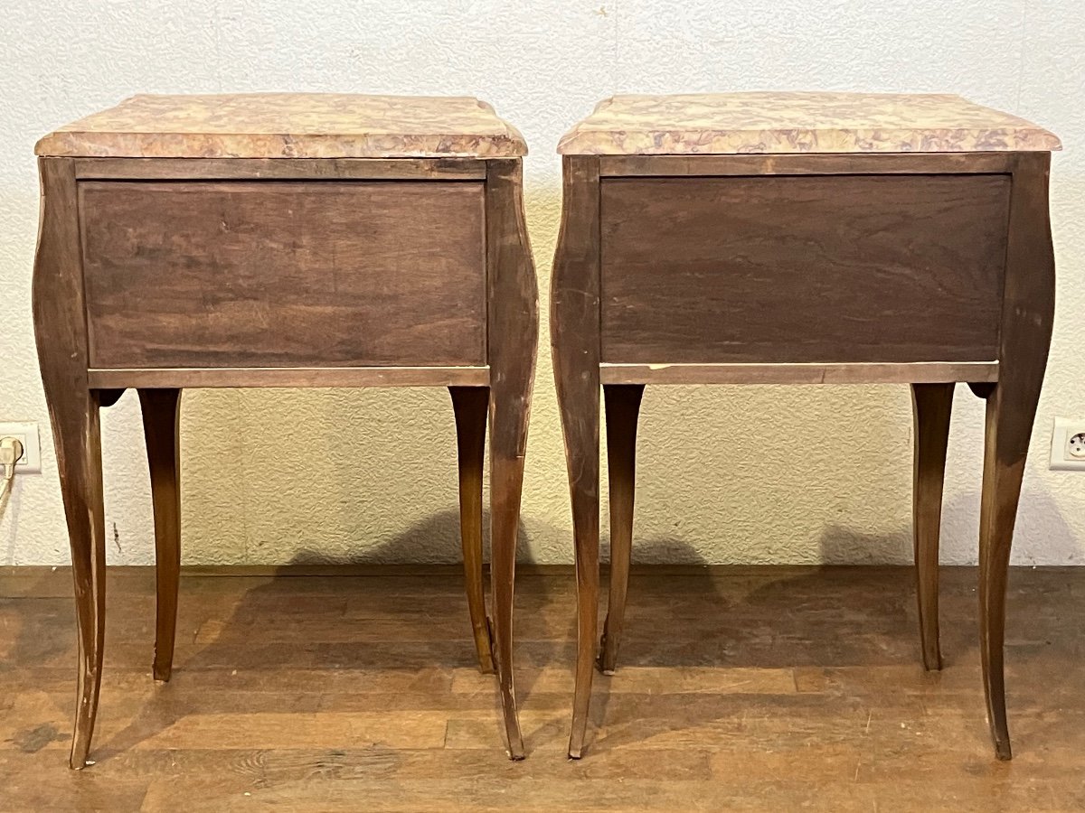 Pair Of Louis XV Marquetry Commodines Marble Tops Large Rosewood Flower Bedside Tables -photo-4