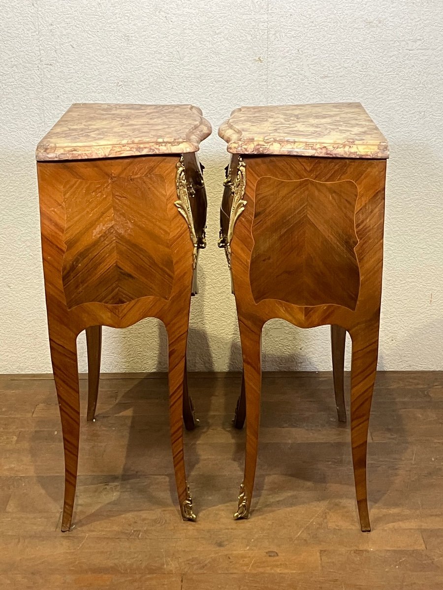 Pair Of Louis XV Marquetry Commodines Marble Tops Large Rosewood Flower Bedside Tables -photo-1