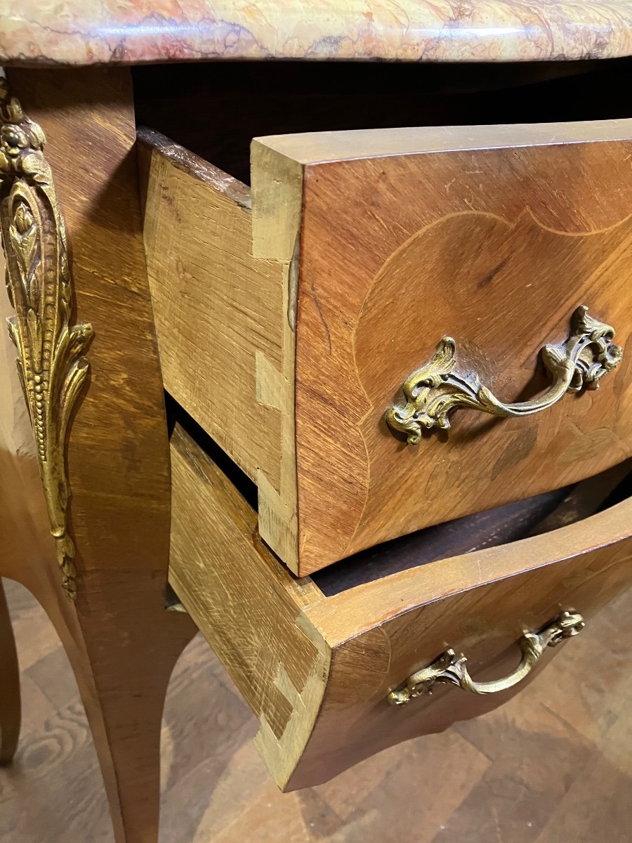 Pair Of Louis XV Marquetry Commodines Marble Tops Large Rosewood Flower Bedside Tables -photo-2