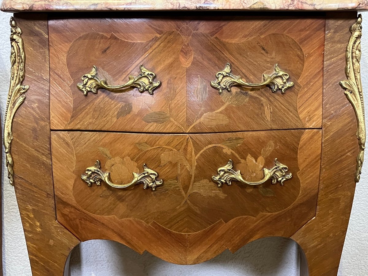 Pair Of Louis XV Marquetry Commodines Marble Tops Large Rosewood Flower Bedside Tables -photo-3