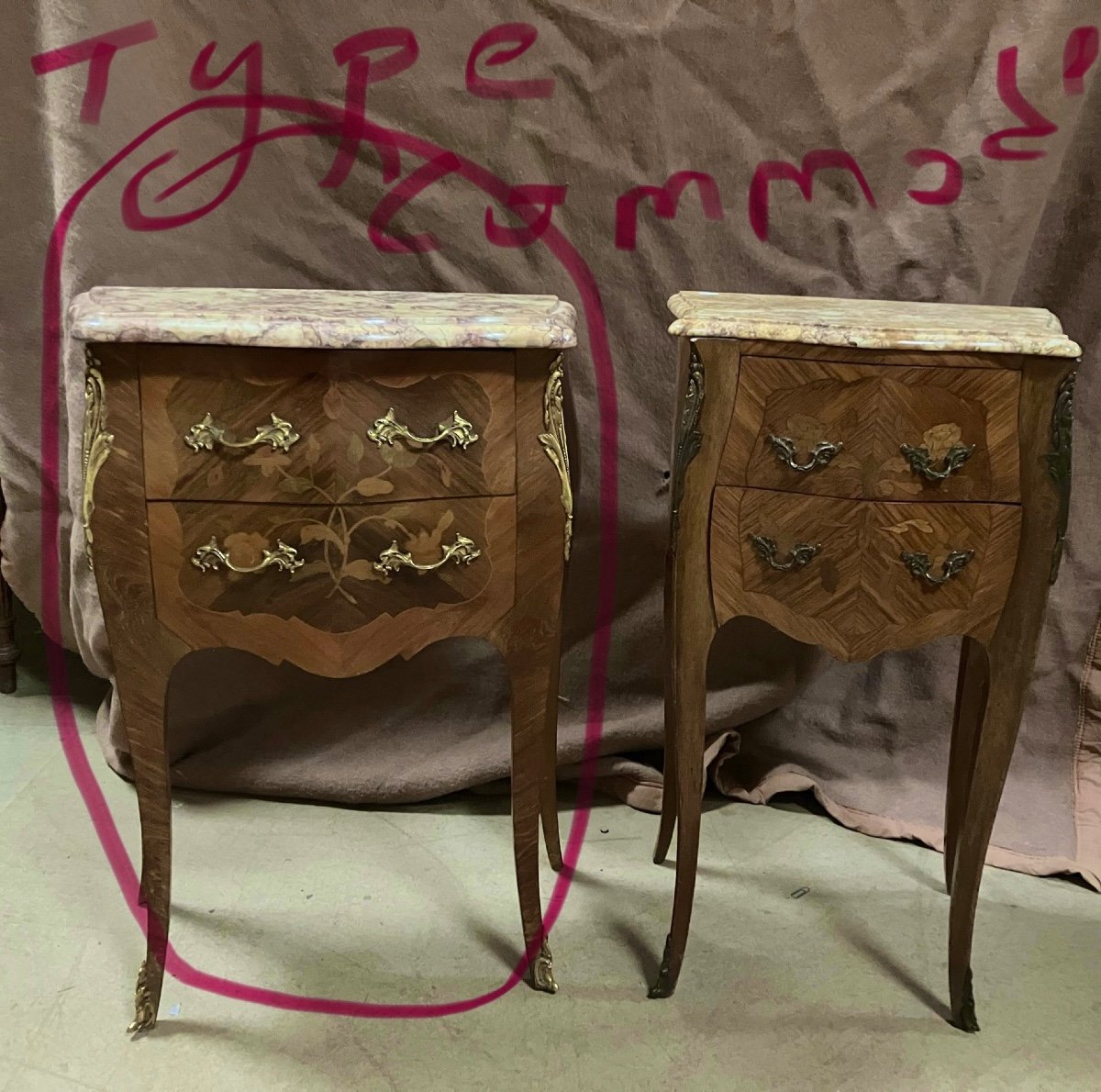 Pair Of Louis XV Marquetry Commodines Marble Tops Large Rosewood Flower Bedside Tables -photo-4