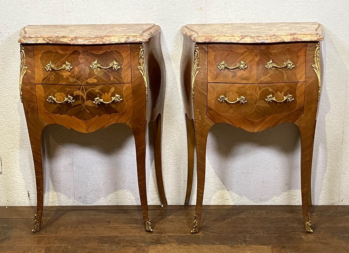 Pair Of Louis XV Marquetry Commodines Marble Tops Large Rosewood Flower Bedside Tables 