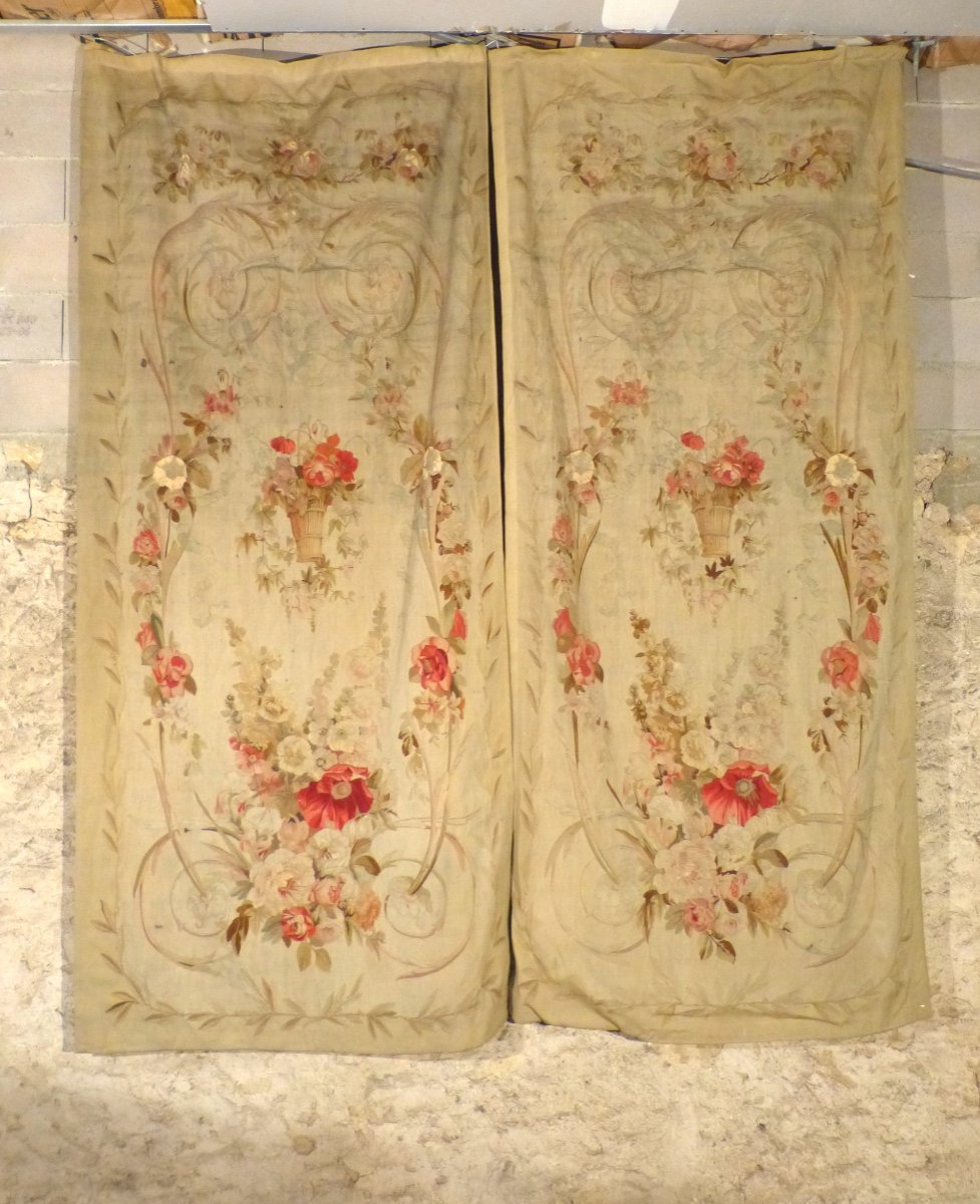 Suite De 4 Tentures Portières Tapisserie Aubusson 19 Eme Décor Fleurs -photo-8