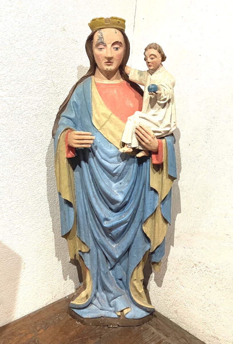 Importante Vierge à l'Enfant 106 Cm Région Vosges En Bois Polychrome époque 17ème 