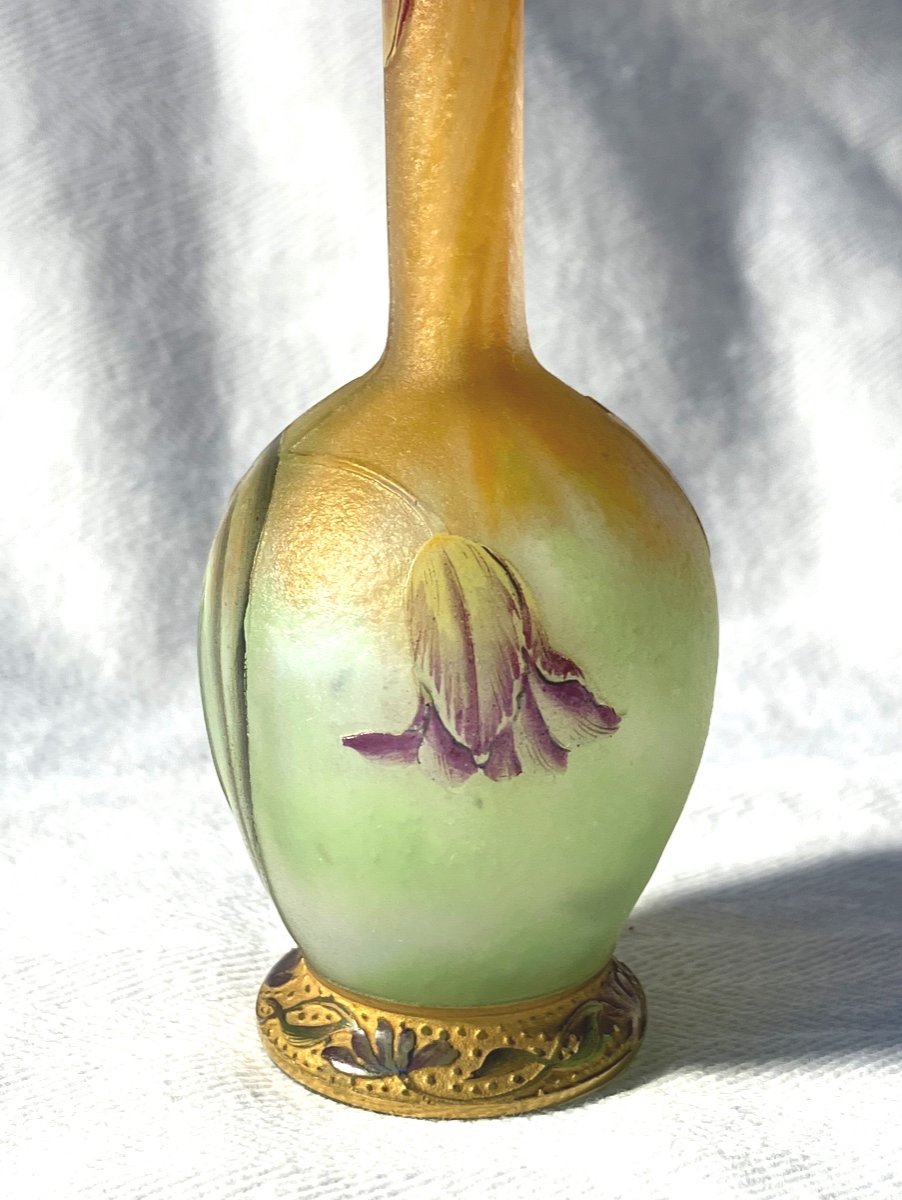 Daum Beautiful Small Tulip Vase Opalescent Glass Engraved Frosted Enameled And Enhanced With Gold -photo-8