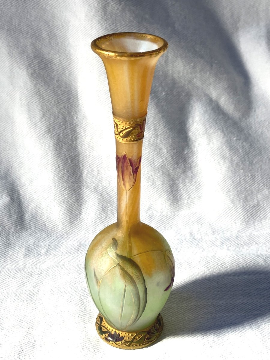 Daum Beautiful Small Tulip Vase Opalescent Glass Engraved Frosted Enameled And Enhanced With Gold 