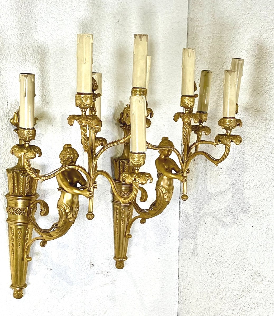 Pair Of Important Napoleon III Gilt Bronze Wall Lights With 5 Sirens 