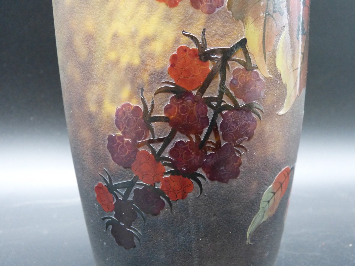 Vase Muller Frères Lunéville Au Framboisier Art Nouveau Verre Gravé Et émaillé Framboise -photo-3