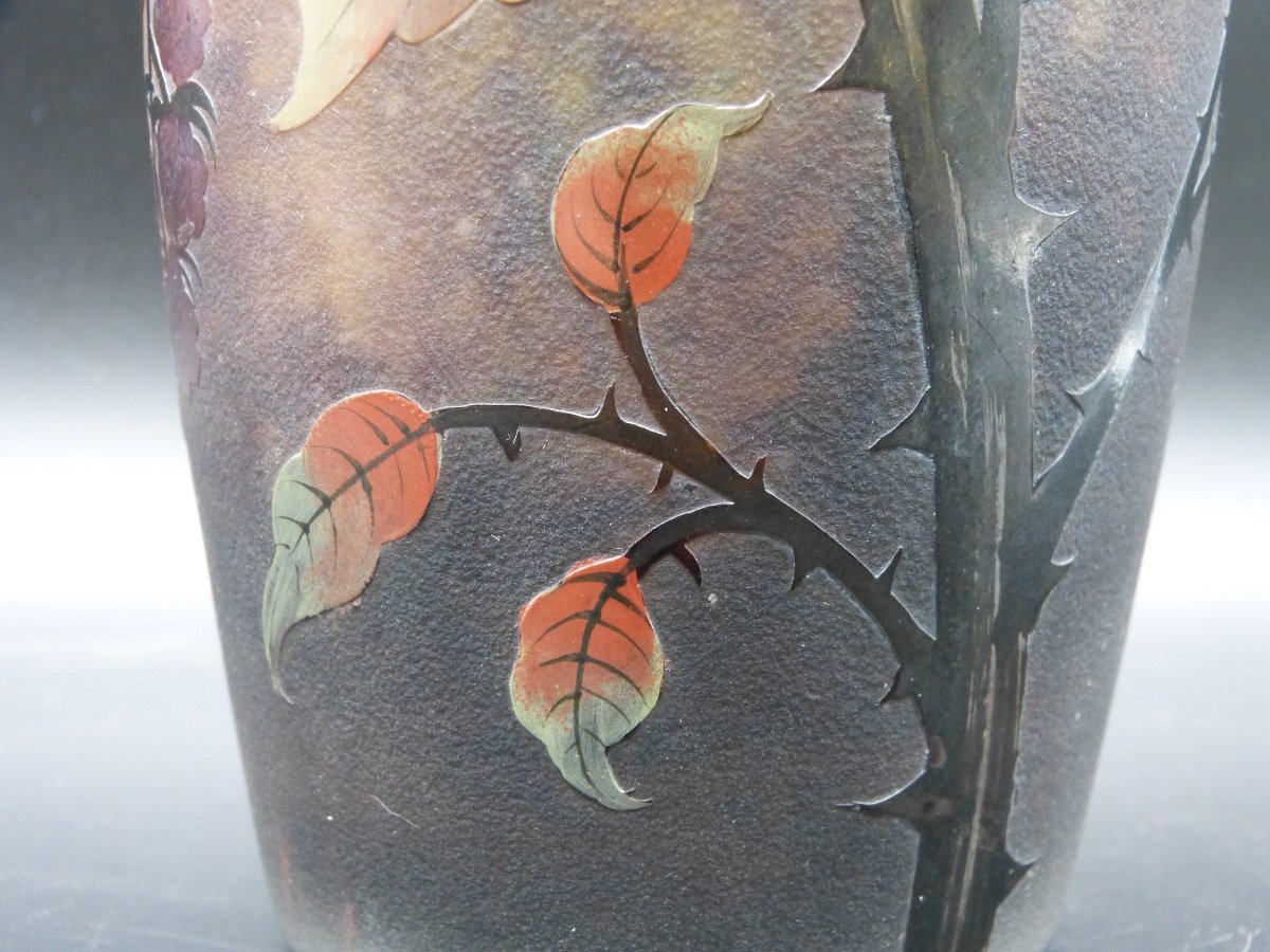 Vase Muller Frères Lunéville Au Framboisier Art Nouveau Verre Gravé Et émaillé Framboise -photo-2