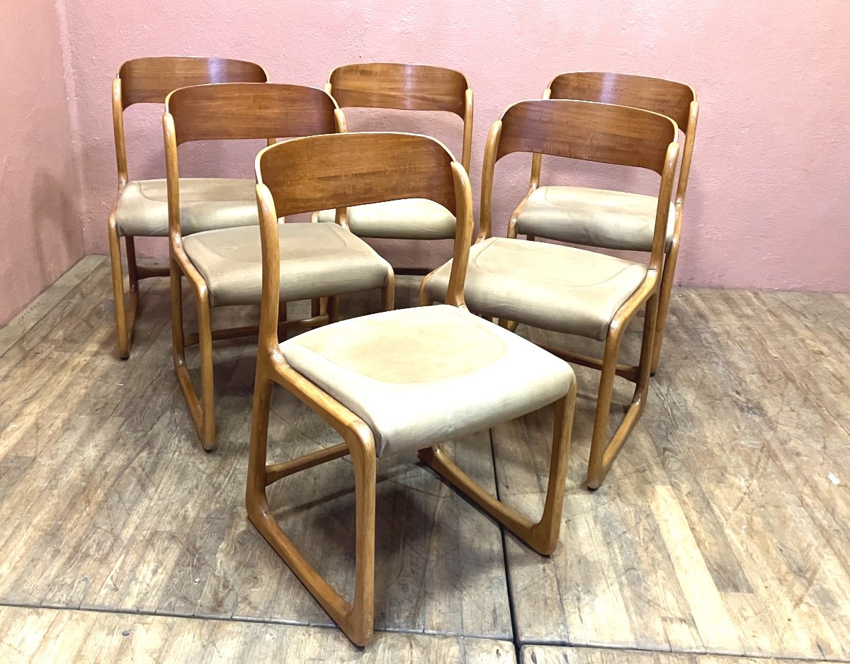 Série de 6 chaises Baumann modèle traineau en hêtre