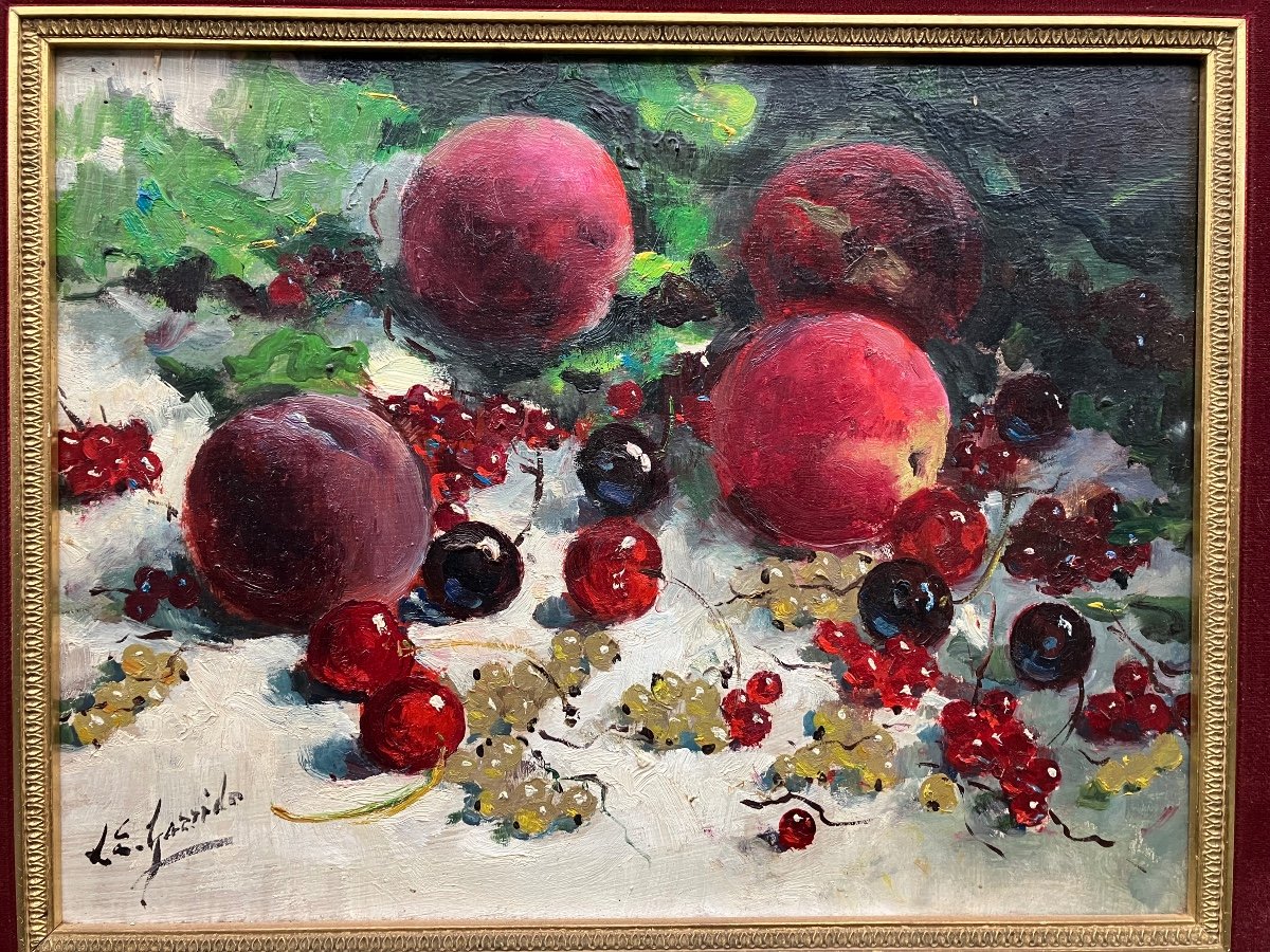 édouard Léon Garrido Nature Morte Aux Fruits D’été, Pêches Cerises Groseilles Caen -photo-3