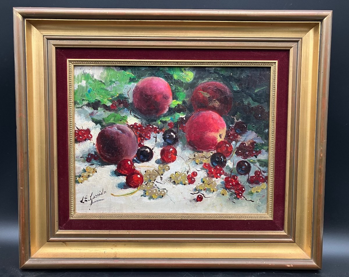 édouard Léon Garrido Nature Morte Aux Fruits D’été, Pêches Cerises Groseilles Caen 