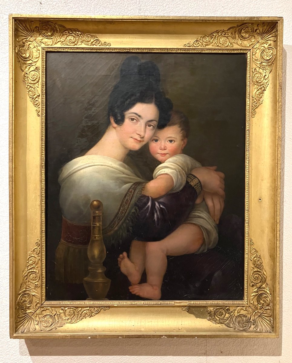 Beautiful And Large Empire Portrait Mother And Child Family Golden Frame 