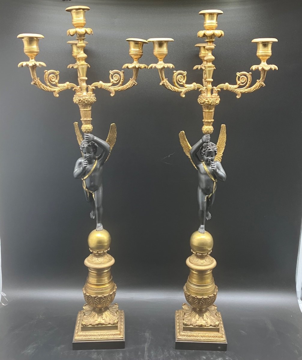 Pair Of Large Empire Candelabra Candlesticks Gilt And Patinated Bronze 19th Century-photo-2