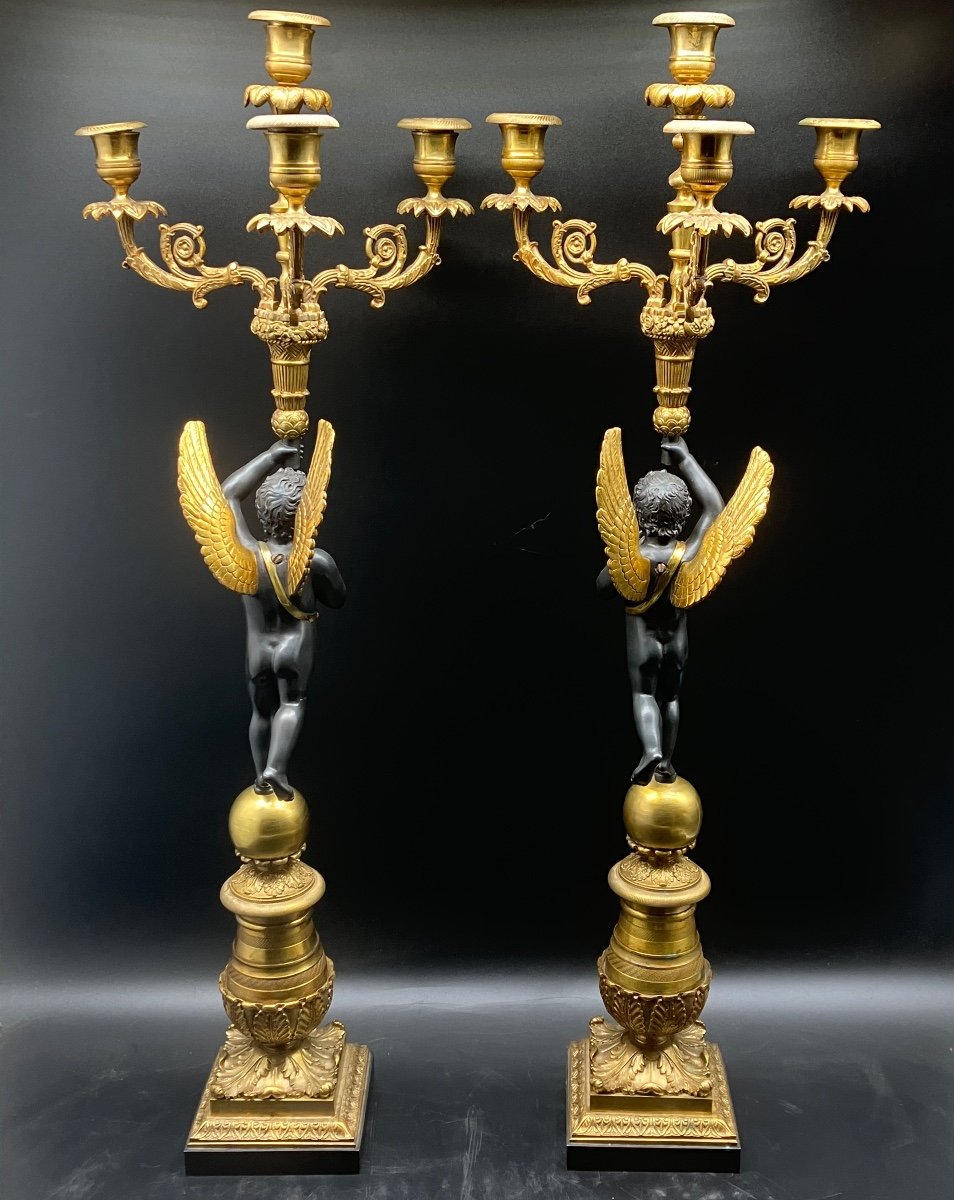 Pair Of Large Empire Candelabra Candlesticks Gilt And Patinated Bronze 19th Century-photo-3