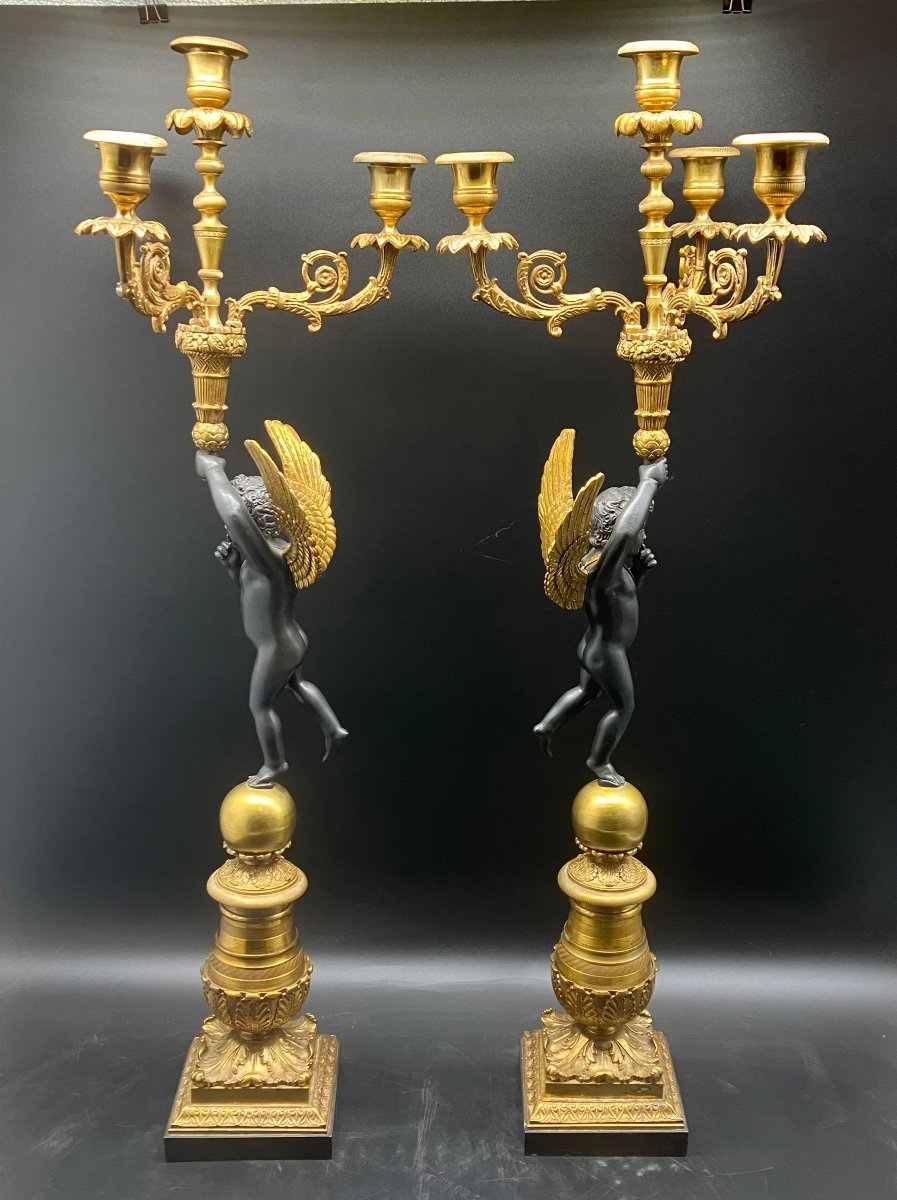 Pair Of Large Empire Candelabra Candlesticks Gilt And Patinated Bronze 19th Century-photo-4