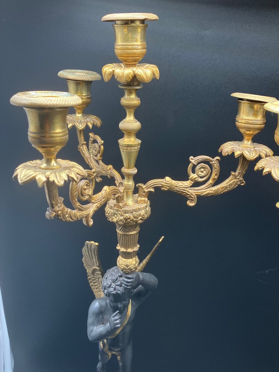 Pair Of Large Empire Candelabra Candlesticks Gilt And Patinated Bronze 19th Century-photo-7