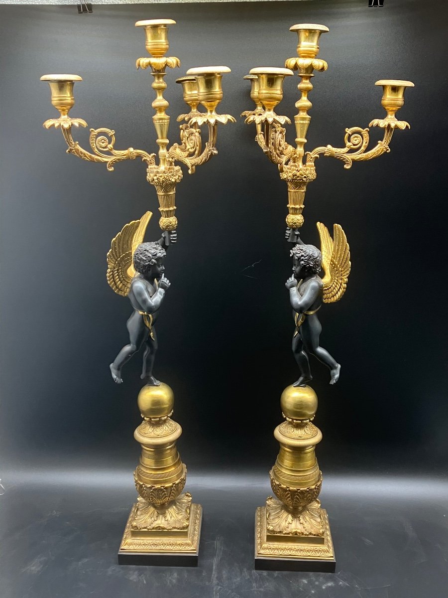 Pair Of Large Empire Candelabra Candlesticks Gilt And Patinated Bronze 19th Century