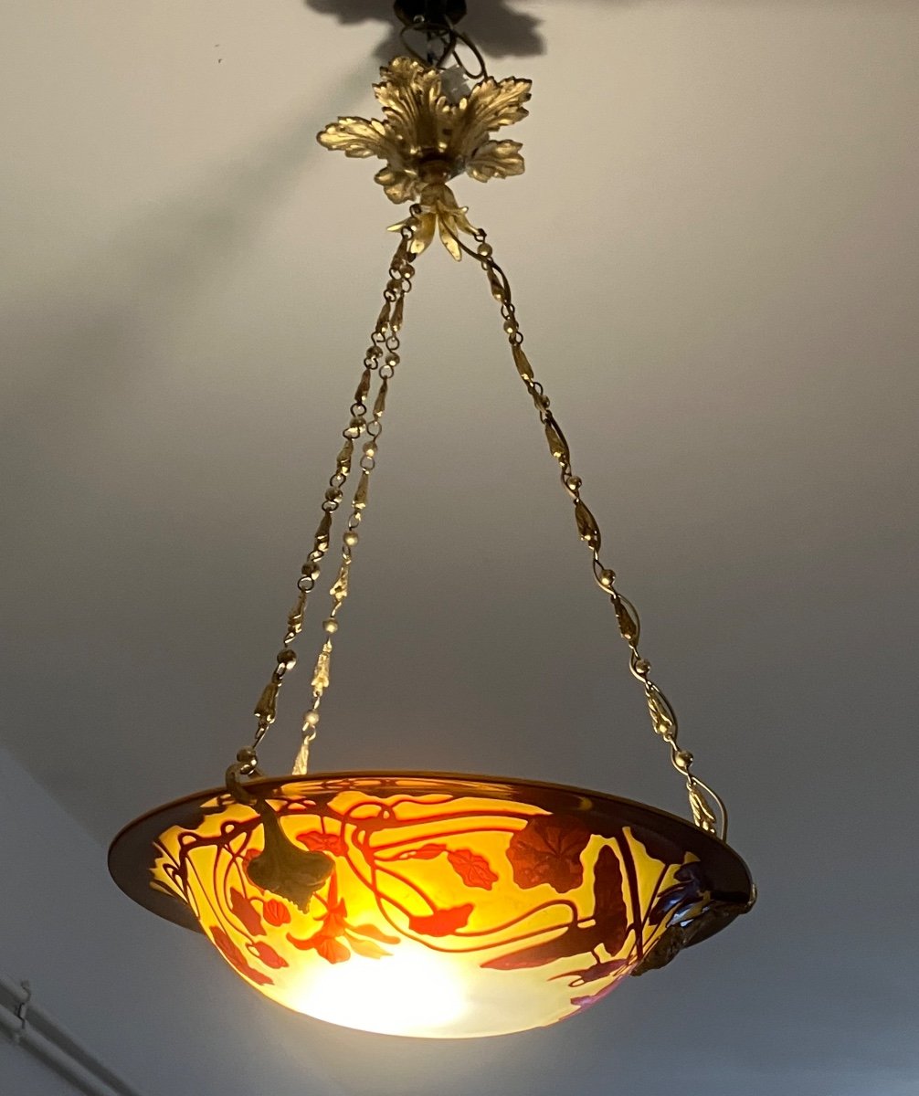 émile Gallé Vasque Suspension Lustre Décor Capucines Rouge Et Jaune Art Nouveau 