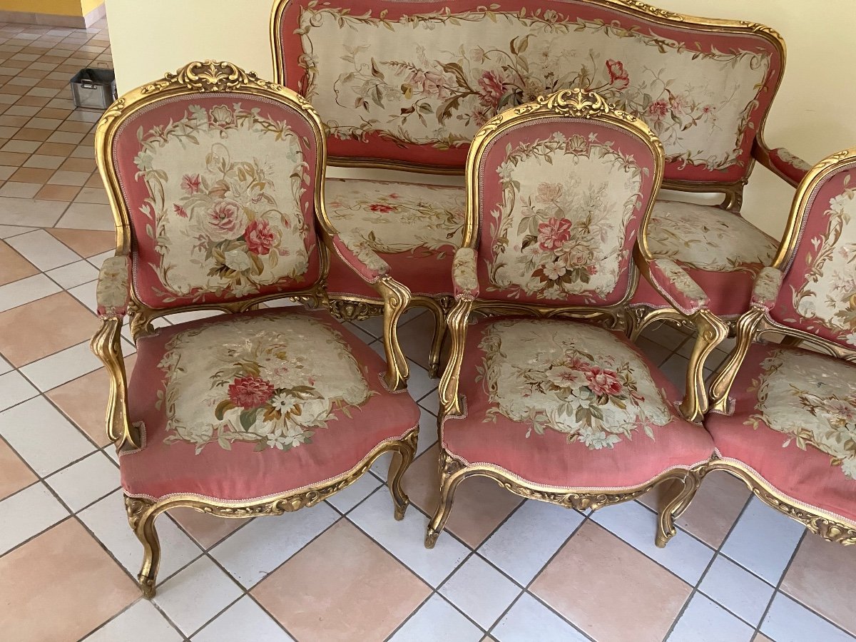 Important Napoleon 3 Living Room In Gilded Wood And Aubusson Tapestry Sofa 4 Armchairs And 2 Chairs-photo-3