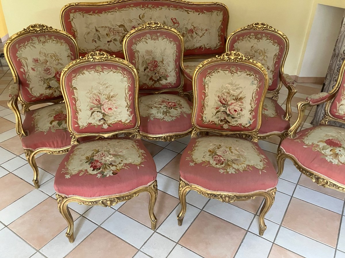 Important Napoleon 3 Living Room In Gilded Wood And Aubusson Tapestry Sofa 4 Armchairs And 2 Chairs-photo-4