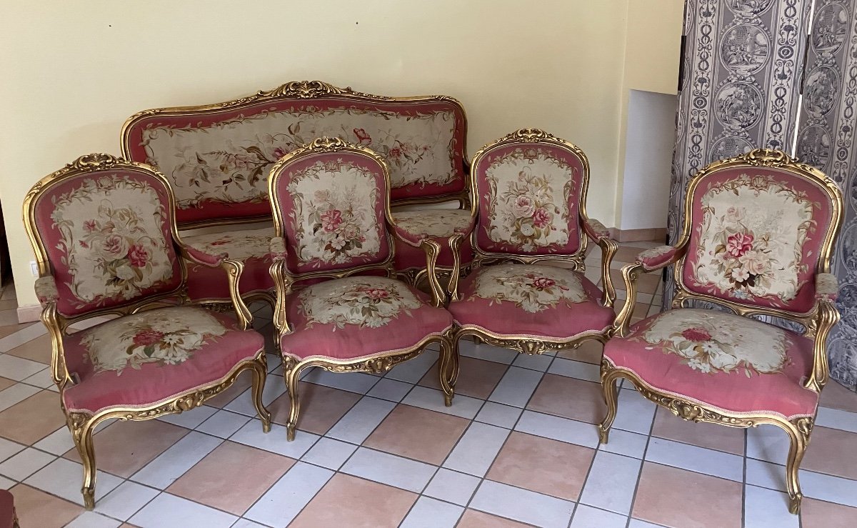 Important Napoleon 3 Living Room In Gilded Wood And Aubusson Tapestry Sofa 4 Armchairs And 2 Chairs-photo-2