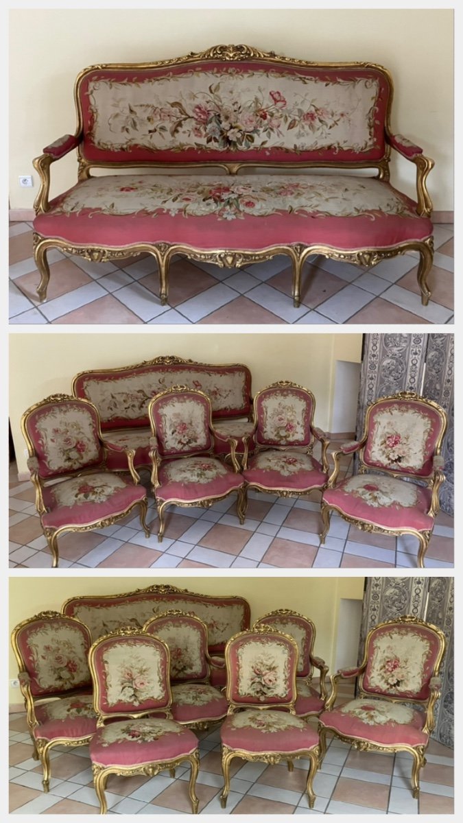 Important Napoleon 3 Living Room In Gilded Wood And Aubusson Tapestry Sofa 4 Armchairs And 2 Chairs