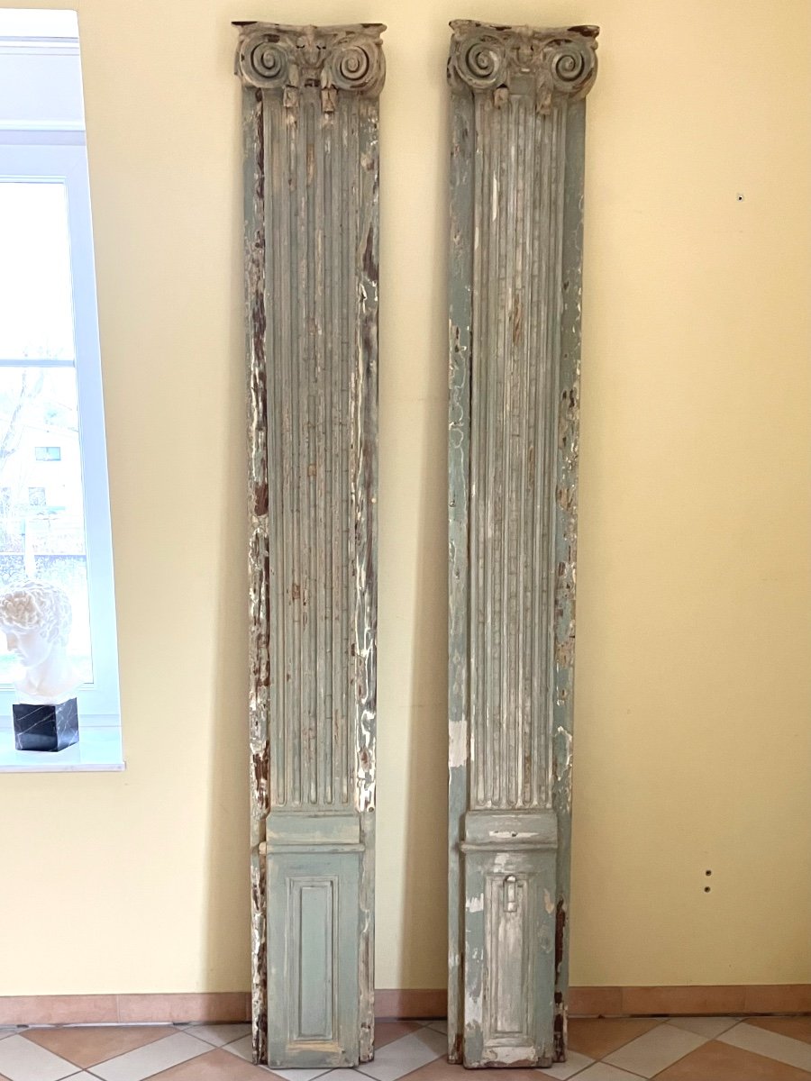 Pair Of 18th Century Pilasters Lacquered Wood Ionic Capitals 