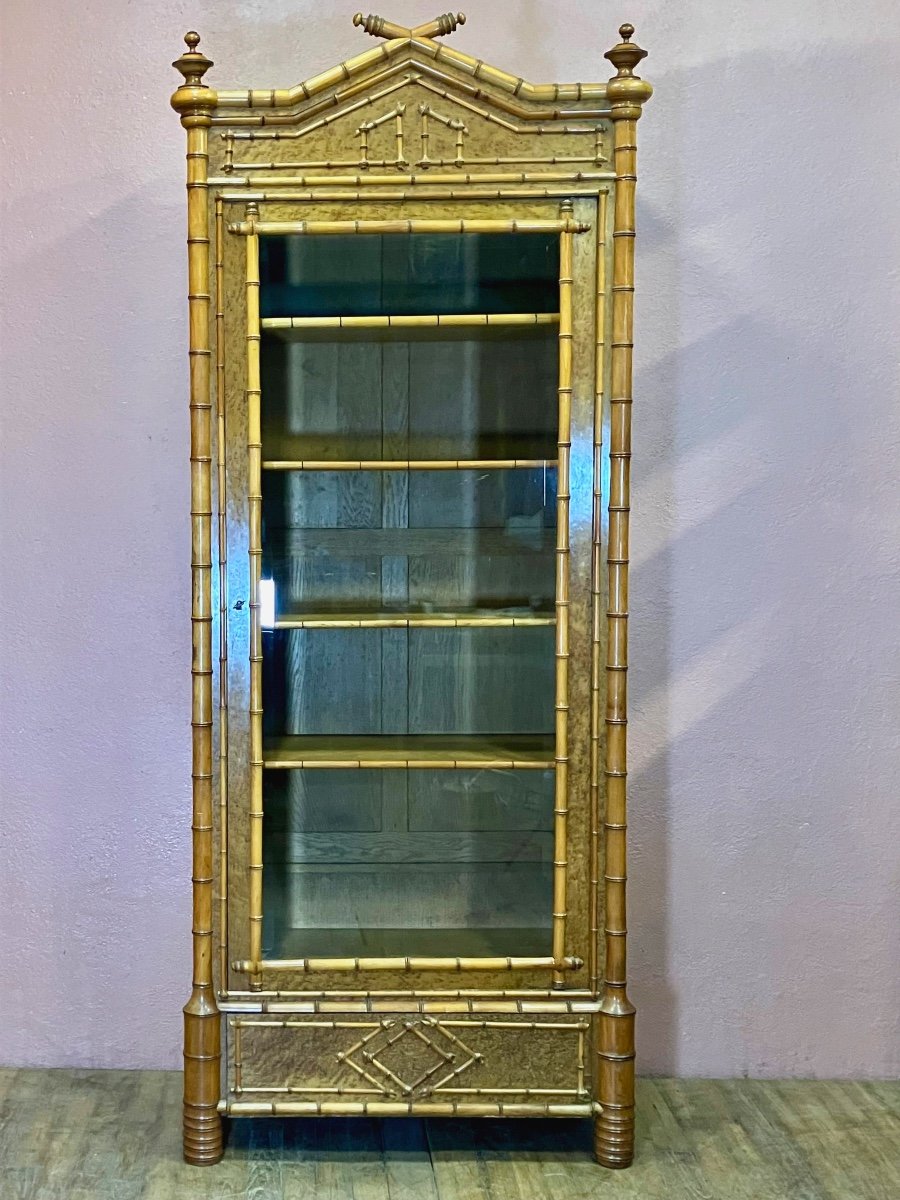 Bamboo Display Cabinet With One Door And One Drawer In Cherry And Speckled Maple 