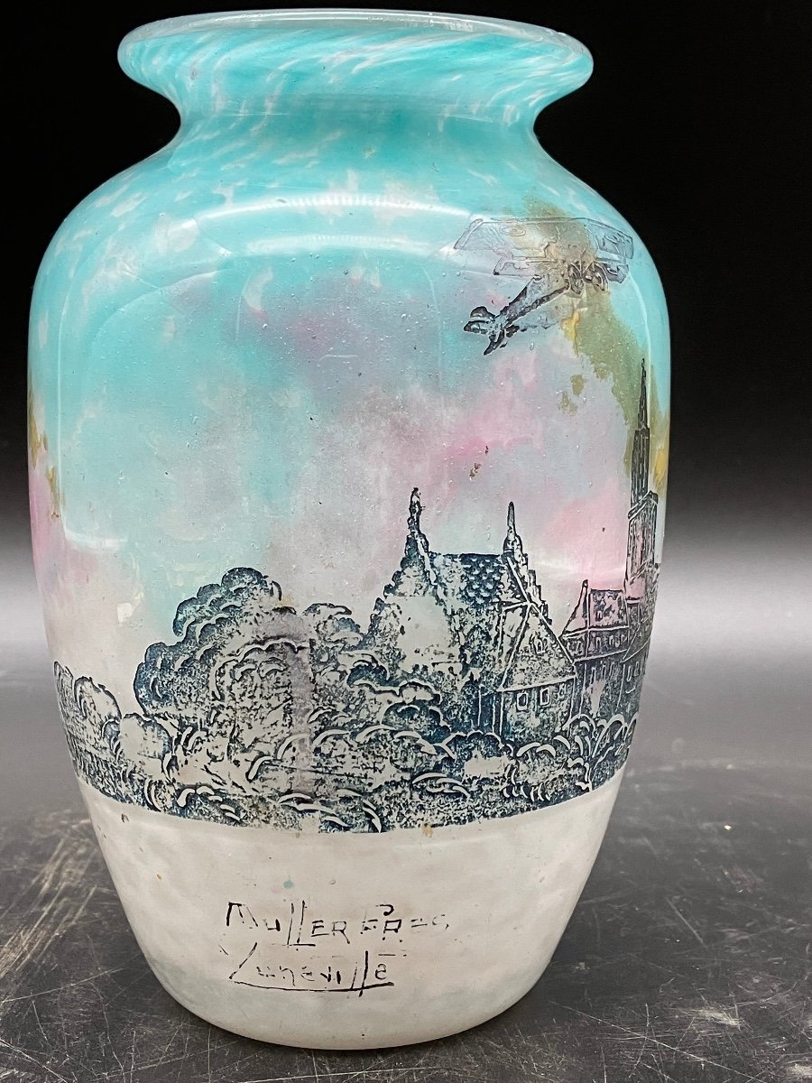 Muller Brothers Luneville Vase Glory To Aviation Flight Of A Doubledecker Over Strasbourg -photo-4