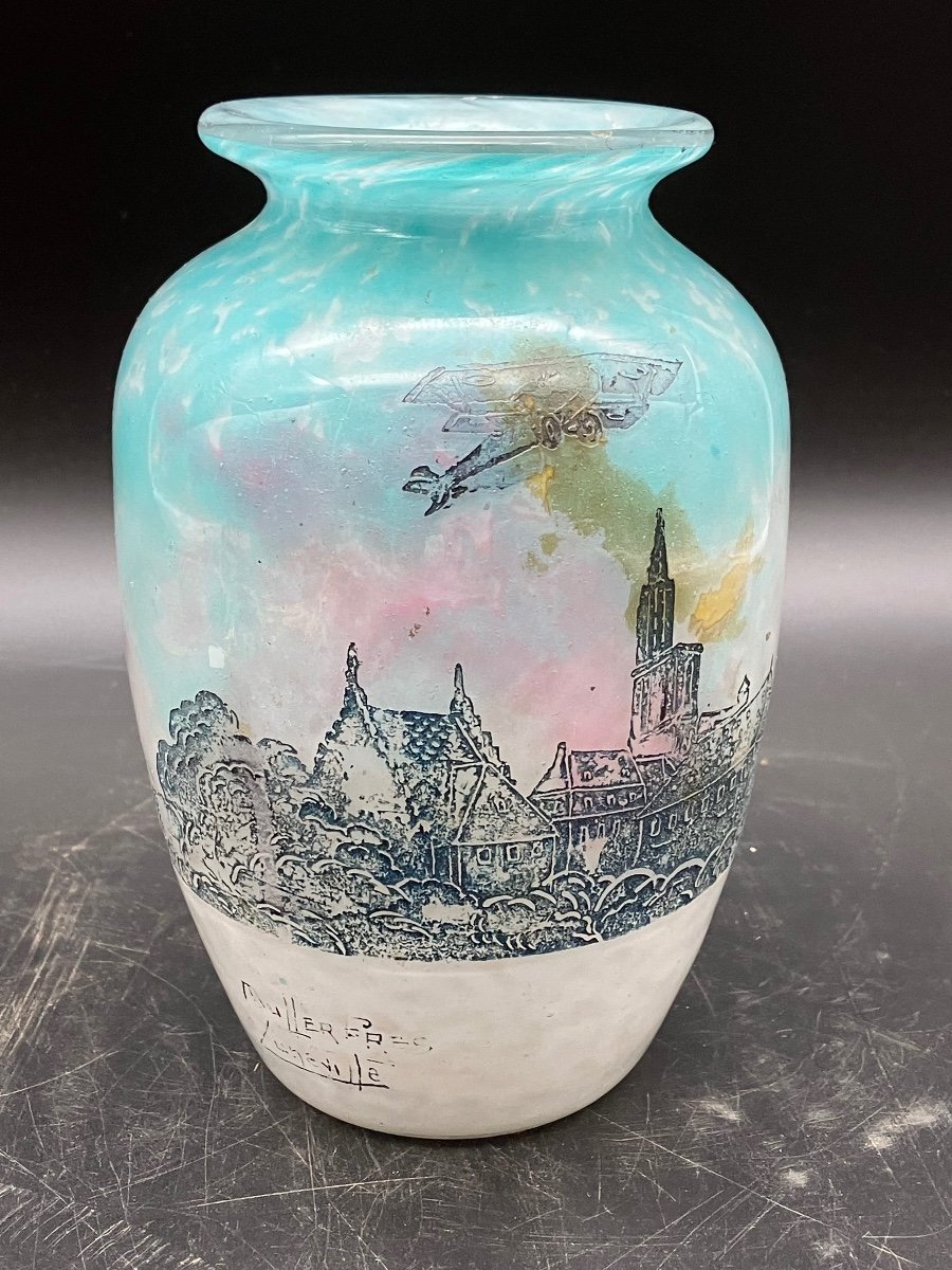 Muller Brothers Luneville Vase Glory To Aviation Flight Of A Doubledecker Over Strasbourg -photo-8