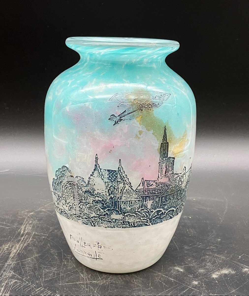 Muller Brothers Luneville Vase Glory To Aviation Flight Of A Doubledecker Over Strasbourg 