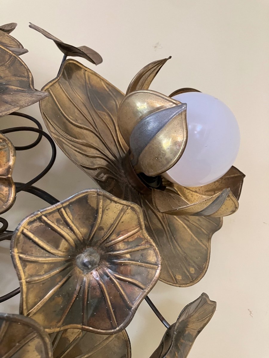 Maison Jansen Pair Of 4-light Flower Ceiling Or Wall Lights Foliage Chandeliers Brass -photo-2